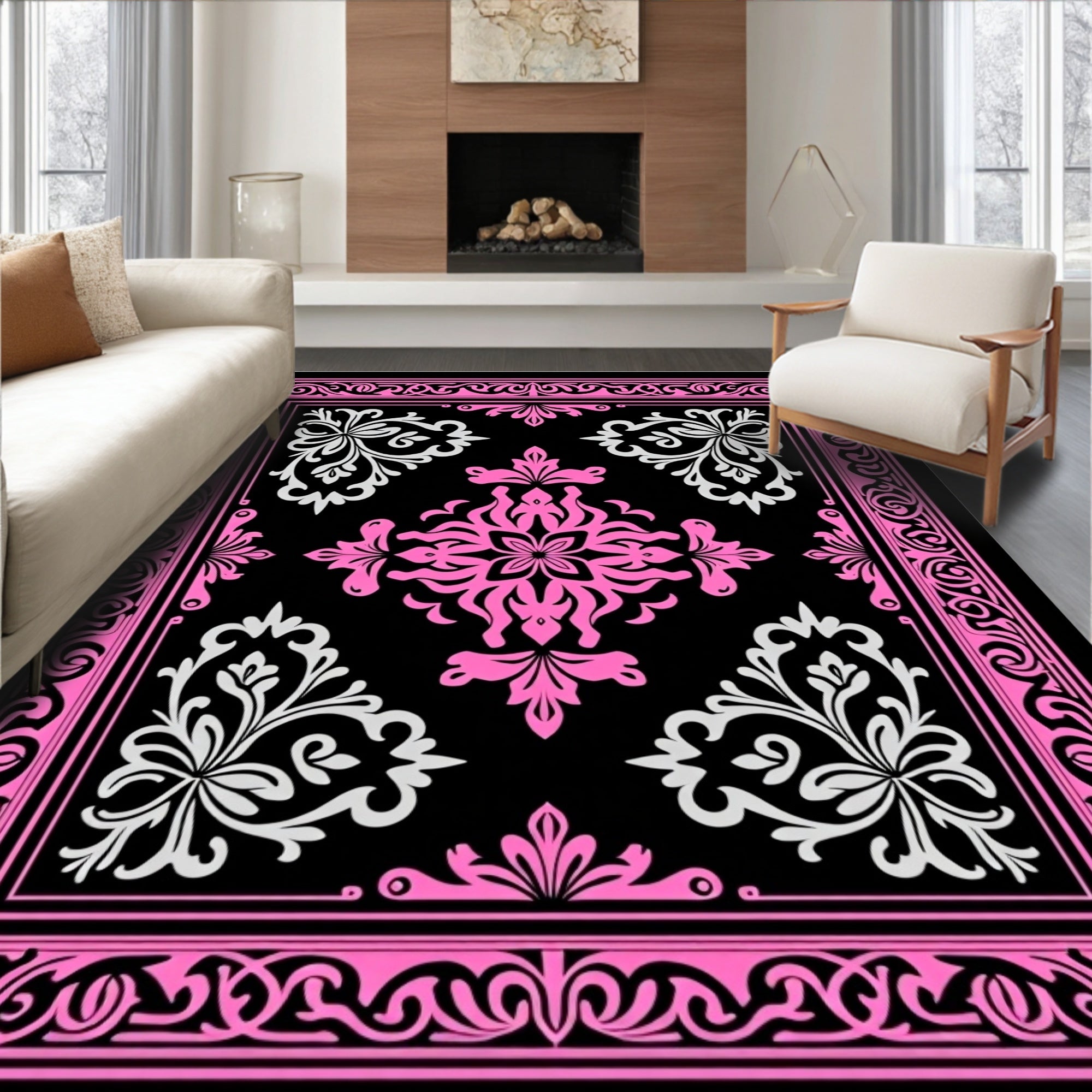 Bright Pink White Floral Medallion Brocade Rug