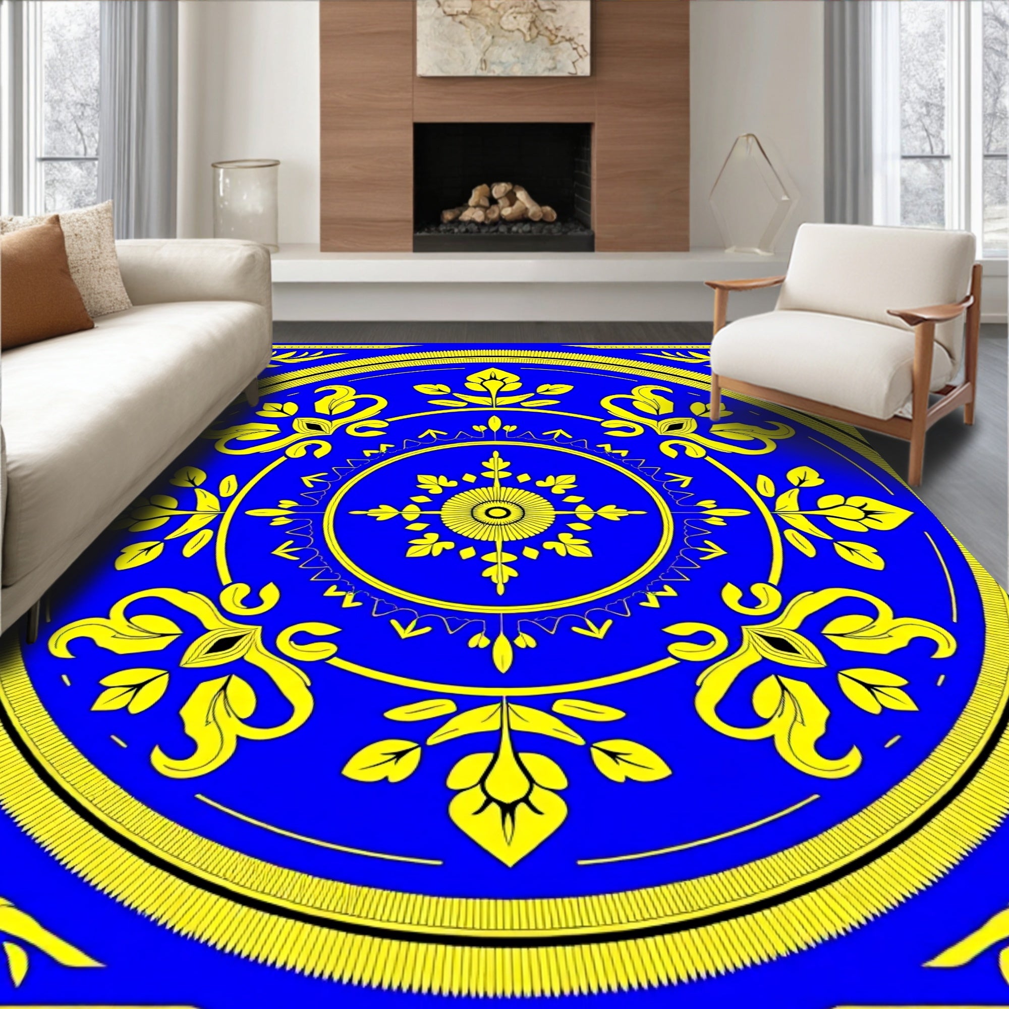 Vibrant Blue Yellow Floral Medallion Rug