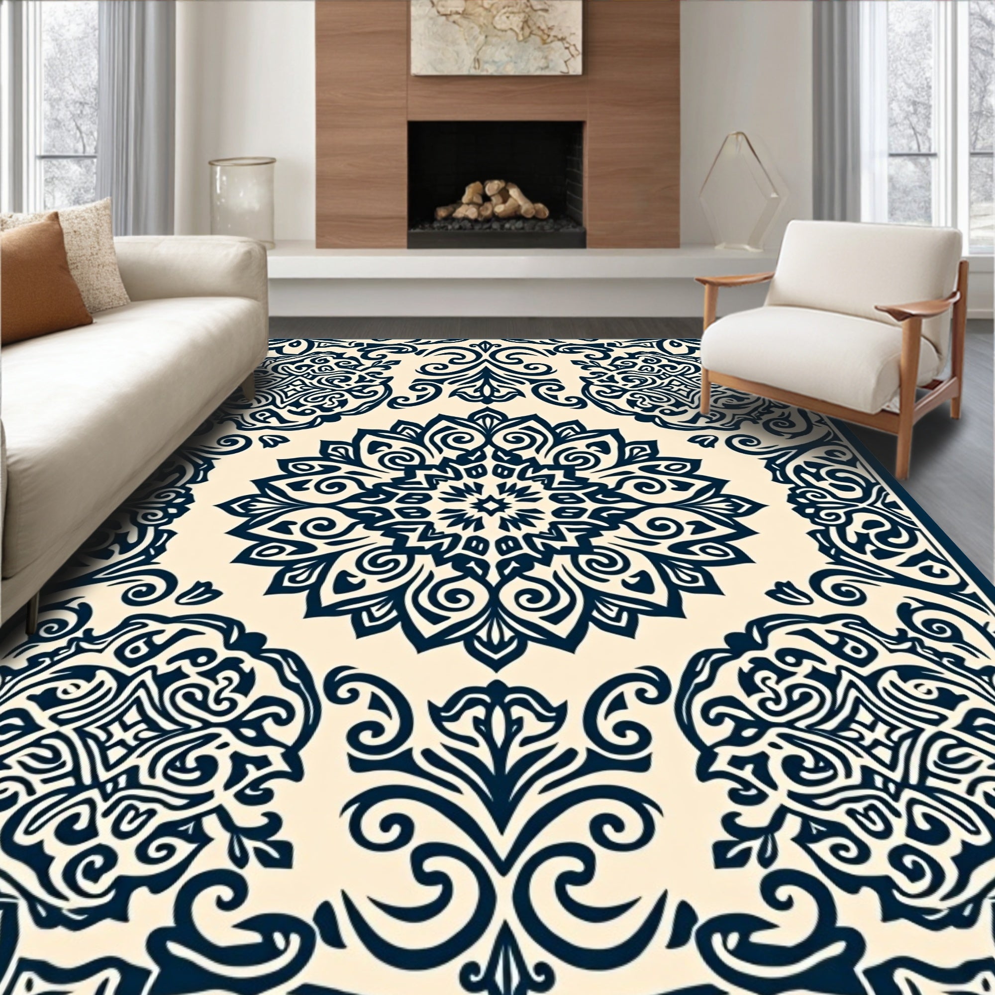 Damask Navy Cream Floral Medallion Rug