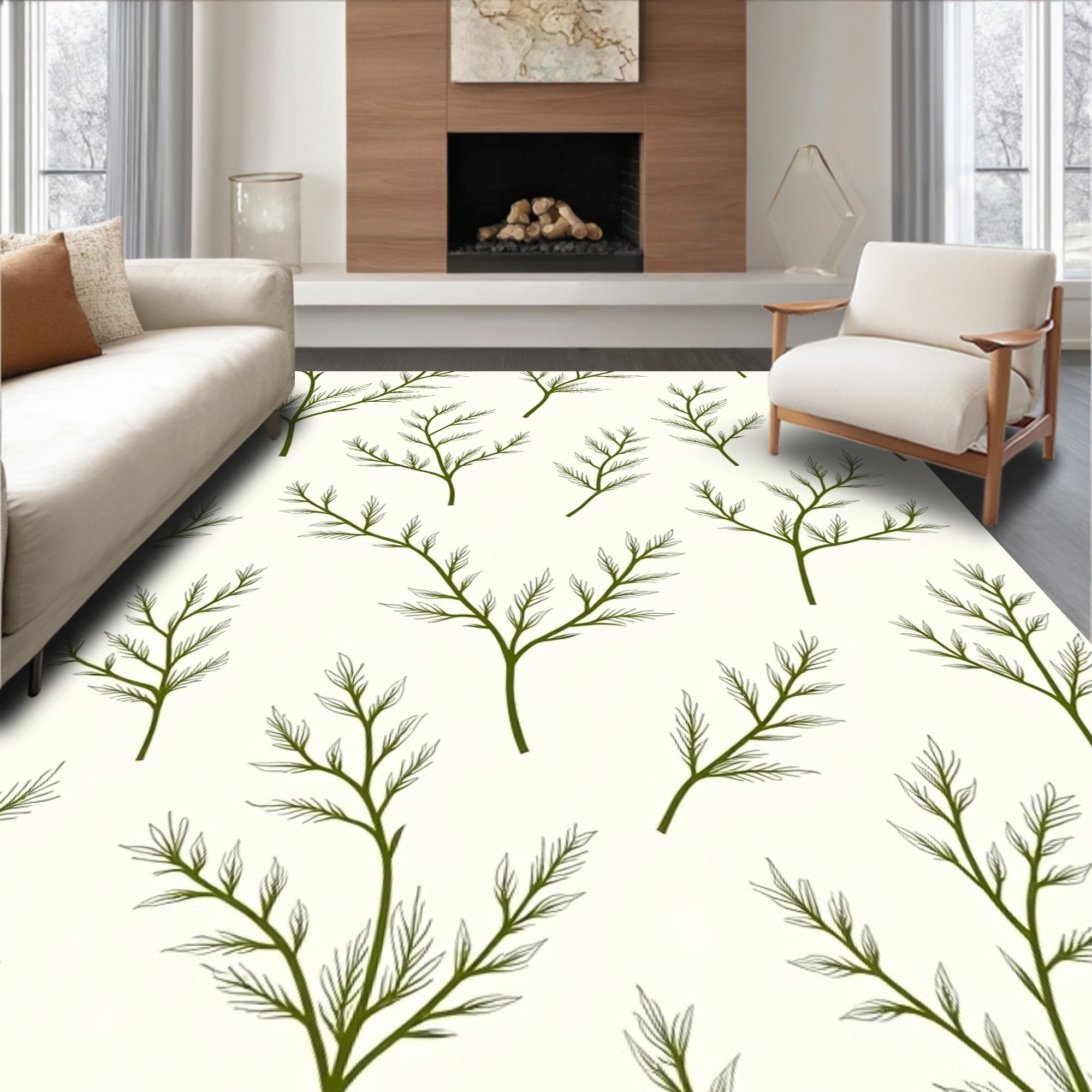Green Fern Frond Botanical Art Rug