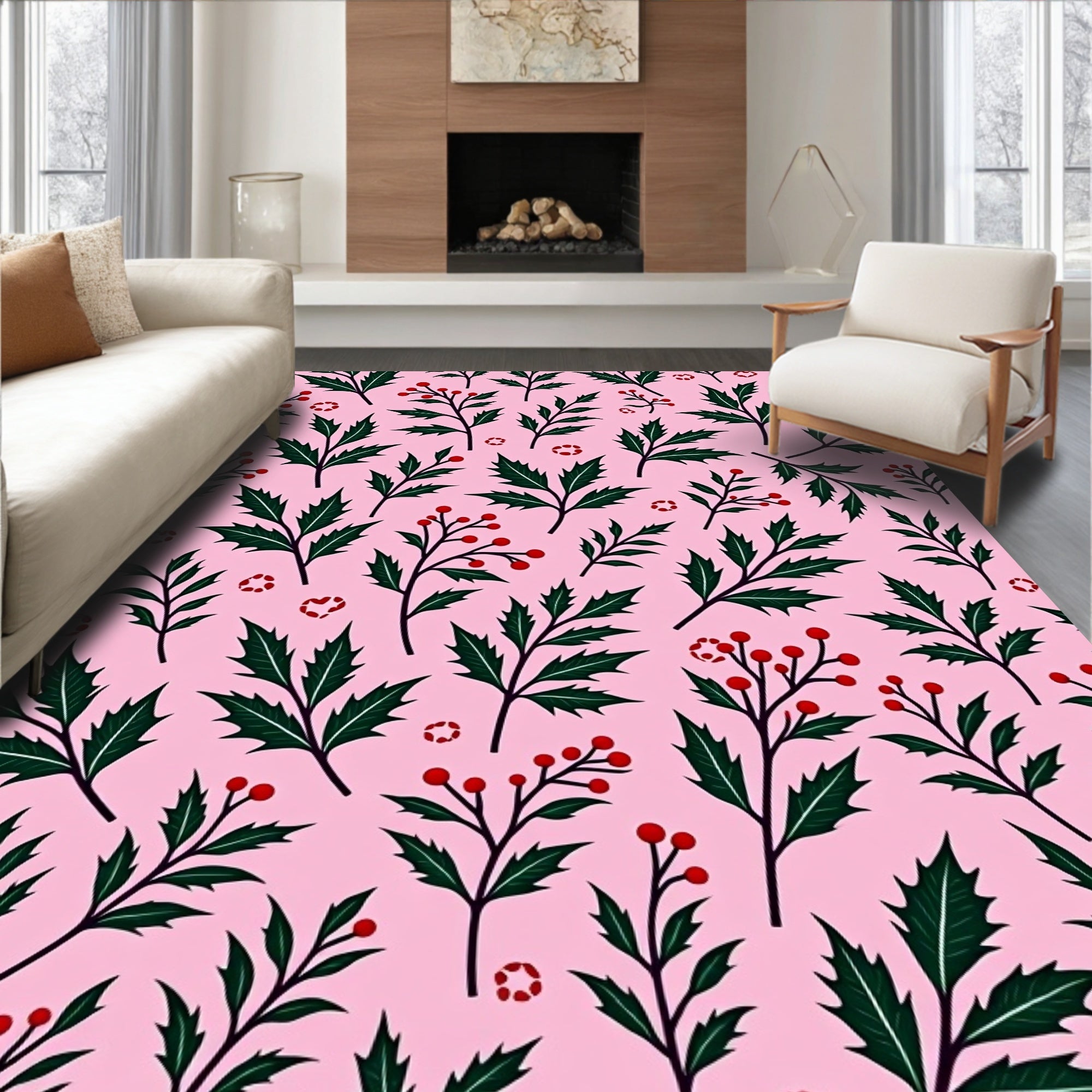 Pink Berry Holly Leaf Garland Rug
