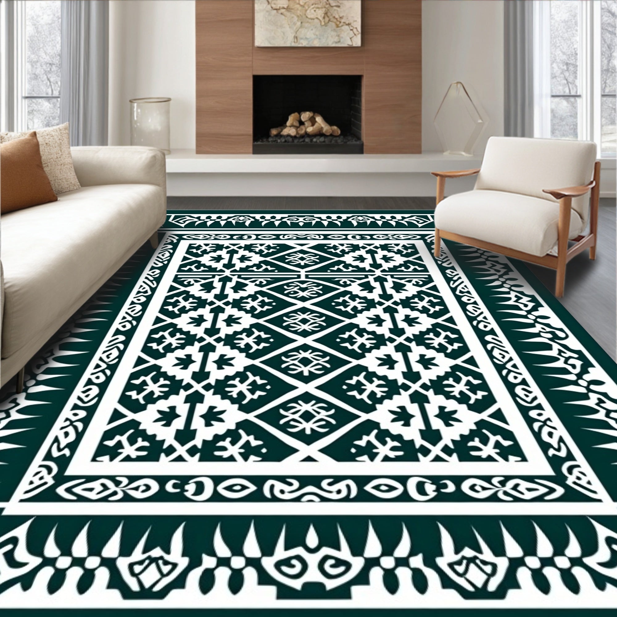 Dark Teal Geometric Lattice Medallion Repeat Rug