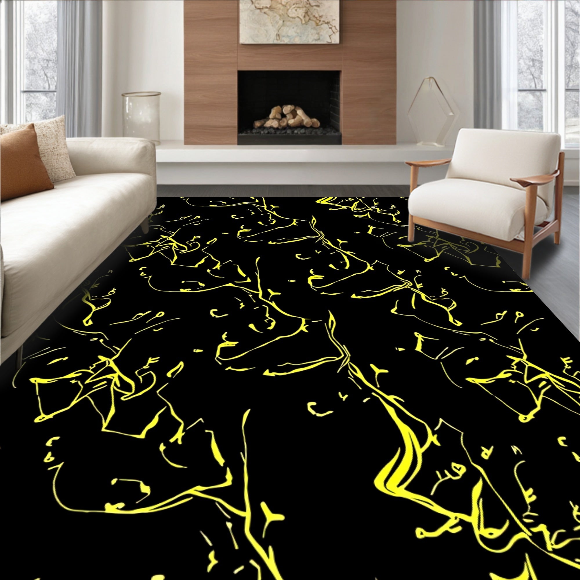 Bold Neon Black Scribble Art Rug