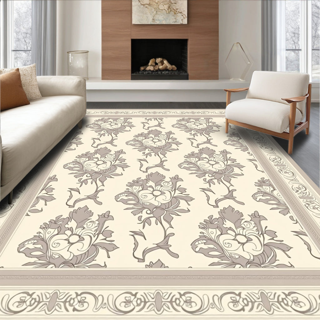 Neutral Beige Floral Scrollwork Border Rug