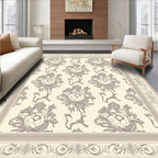 Neutral Beige Floral Scrollwork Border Rug