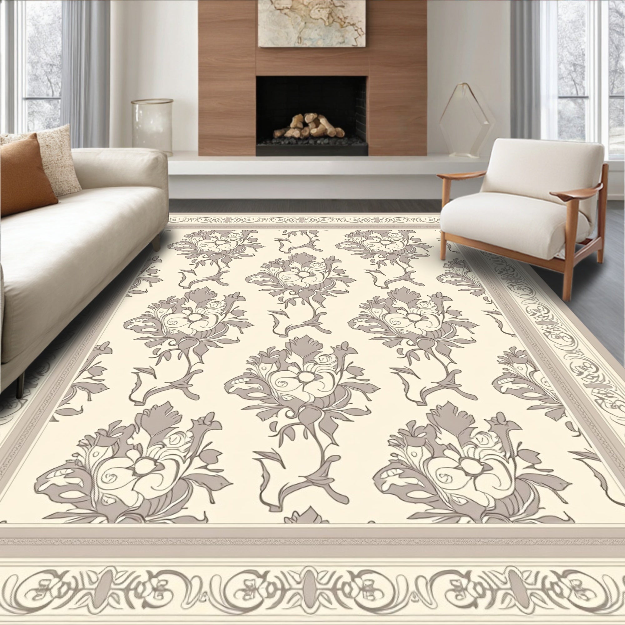 Neutral Beige Floral Scrollwork Border Rug
