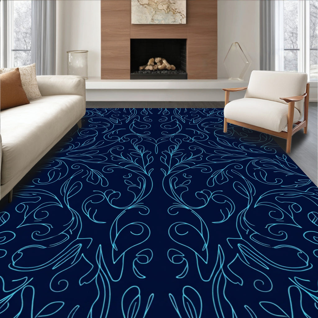 Aqua Outline Floral Swirl Rug