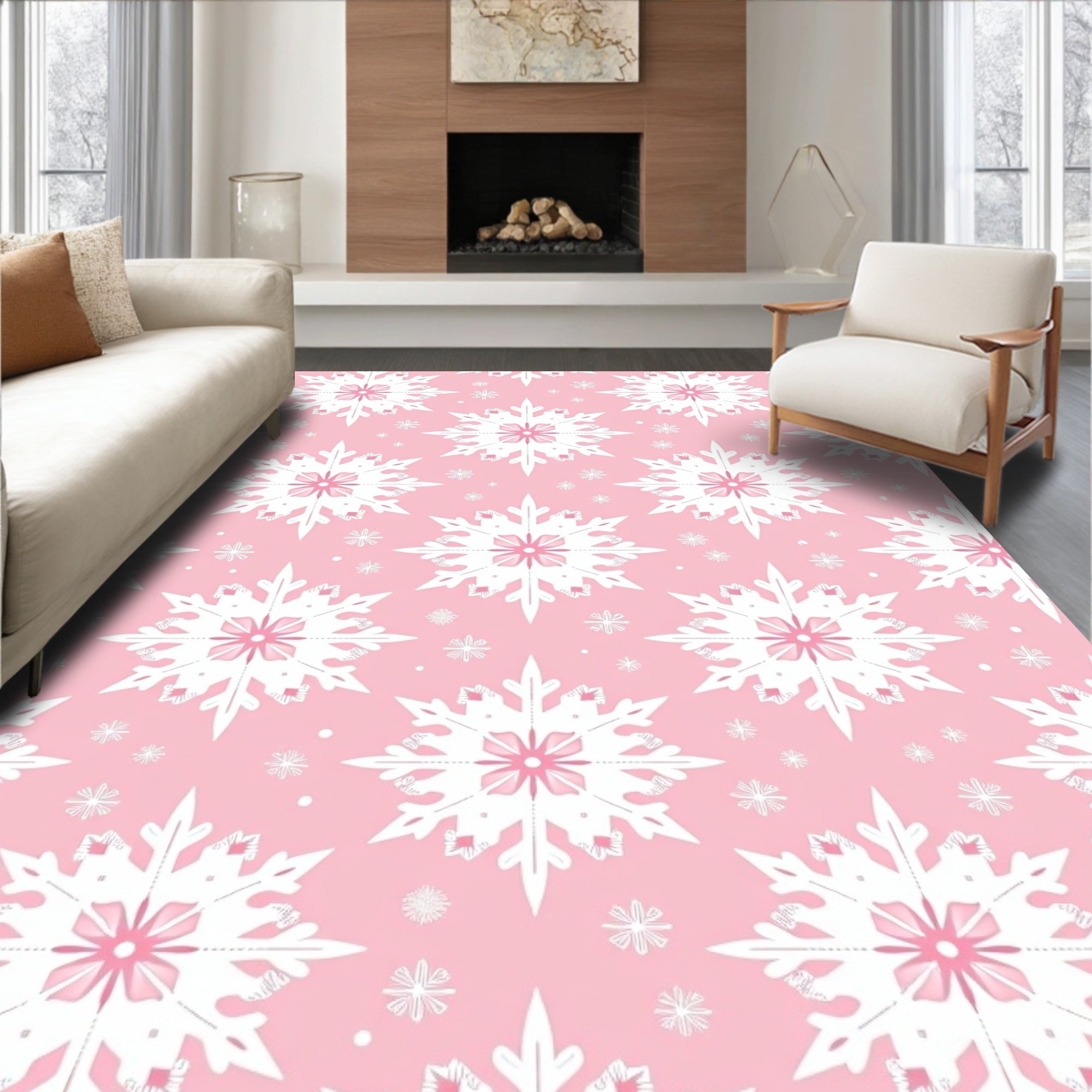 Pink White Snowflake Repeat Rug