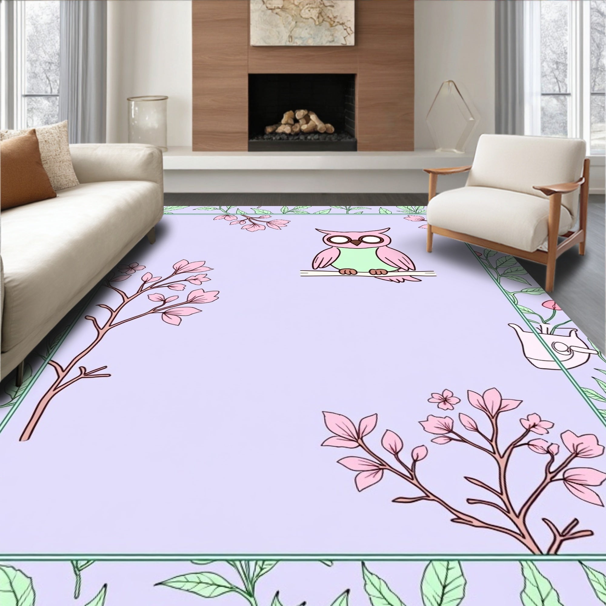 Whimsical Pink Owl Floral Border Rug
