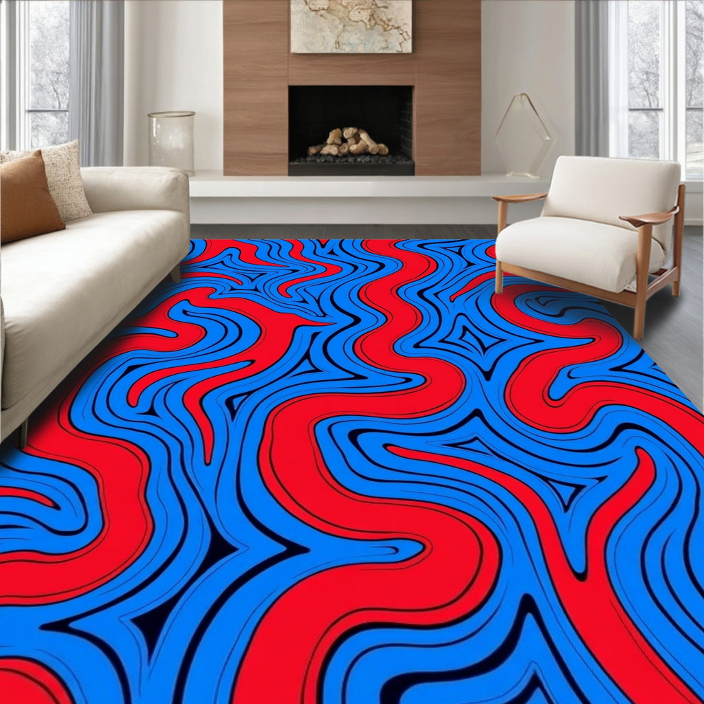 Dynamic Red Blue Wavy Flow Rug
