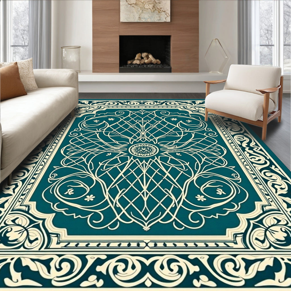 Teal and Cream Vintage Scroll Border Rug