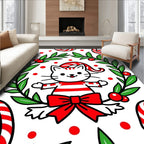 Whimsical Red White Striped Cat Wreath Rug