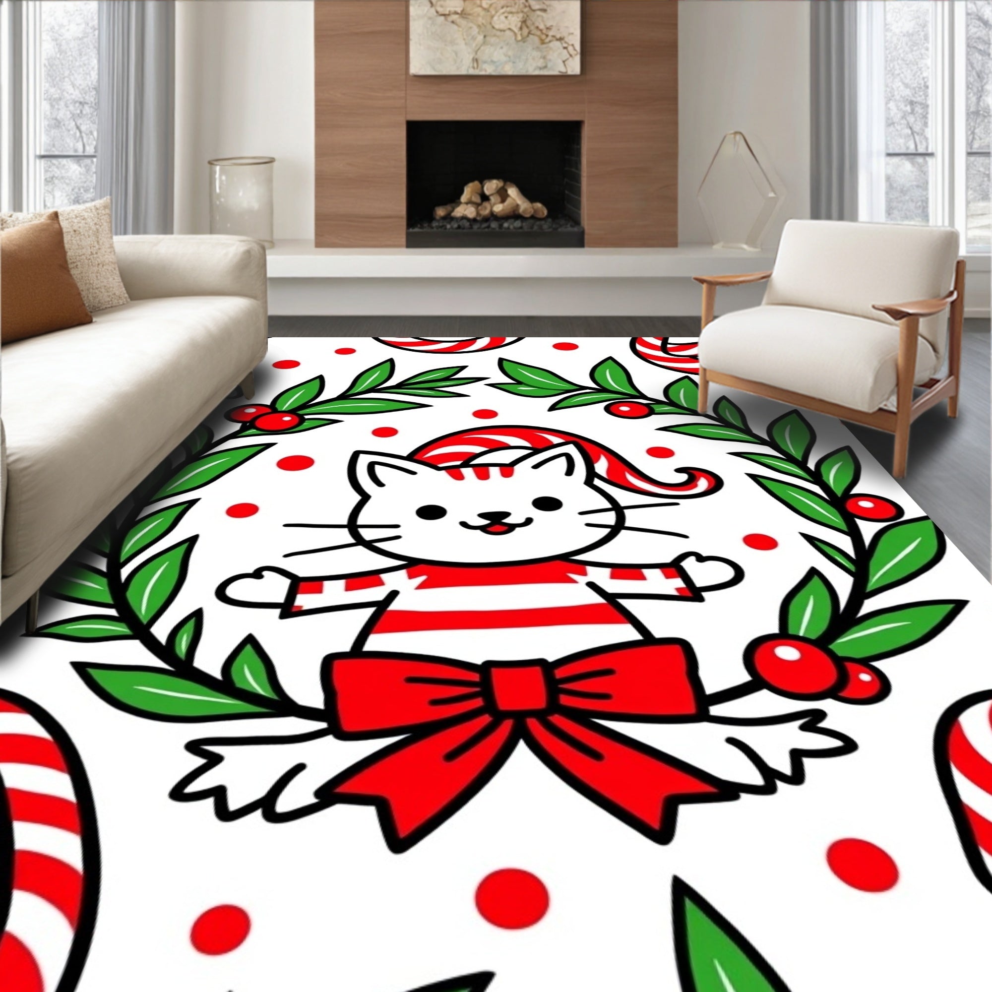Whimsical Red White Striped Cat Wreath Rug