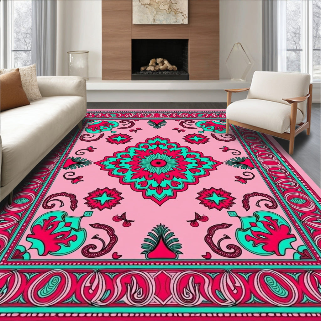 Pink Turquoise Elaborate Floral Medallion Rug