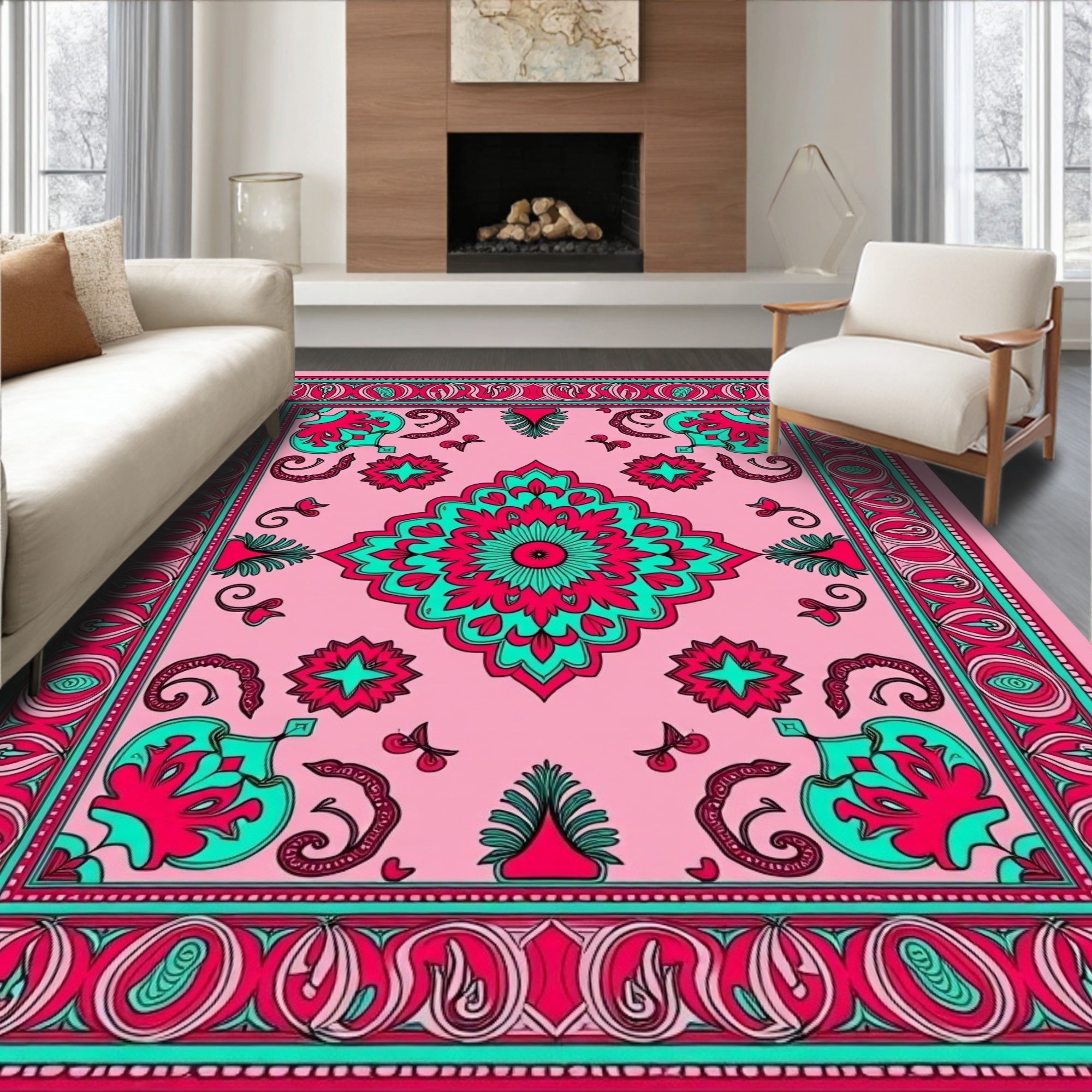 Pink Turquoise Elaborate Floral Medallion Rug