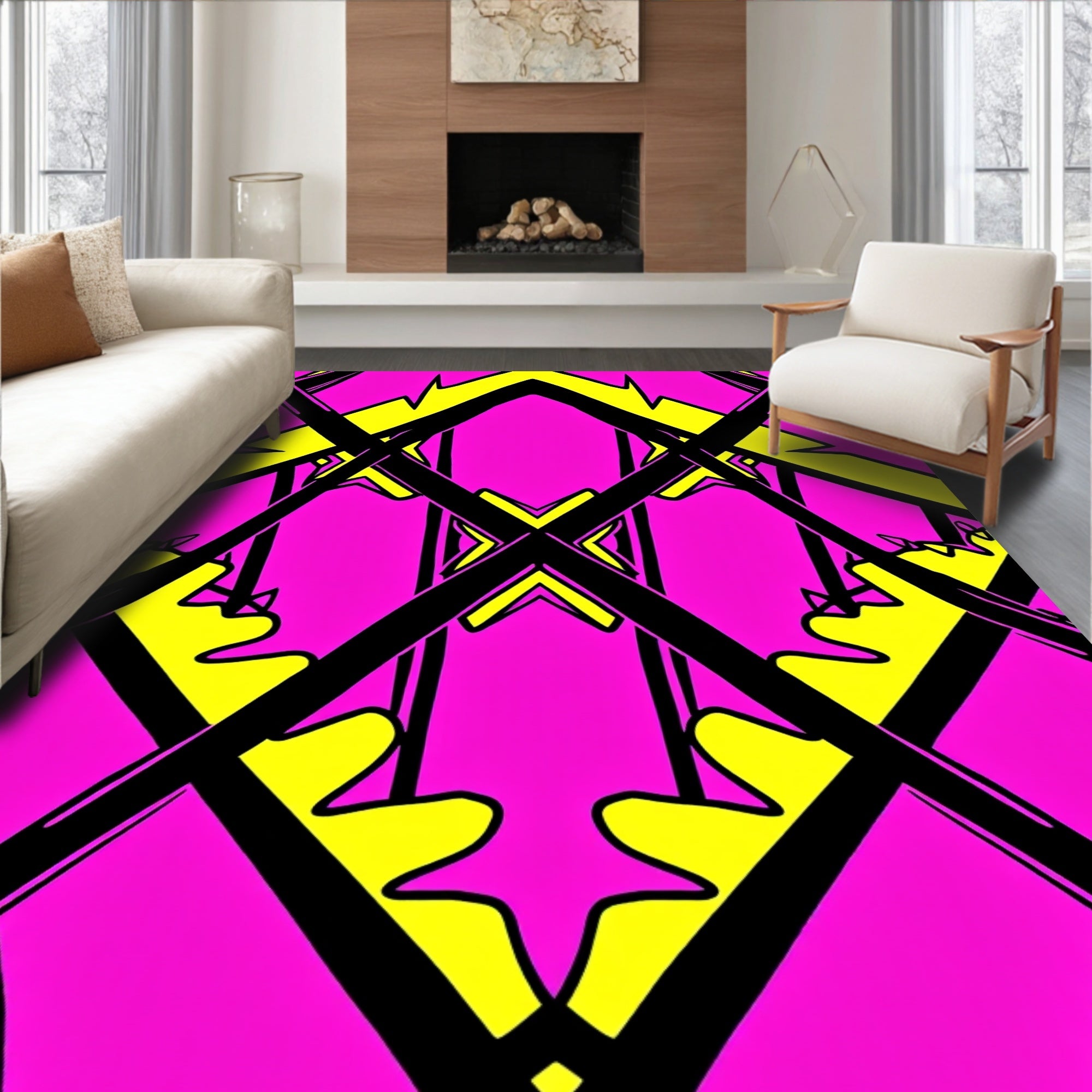 Bold Black Yellow Pink Intersecting Shapes Rug