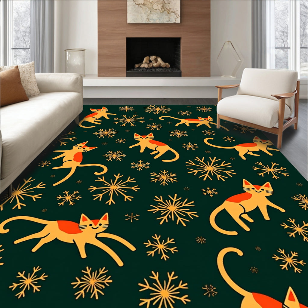 Whimsical Orange Cats Snowflakes Emerald Rug