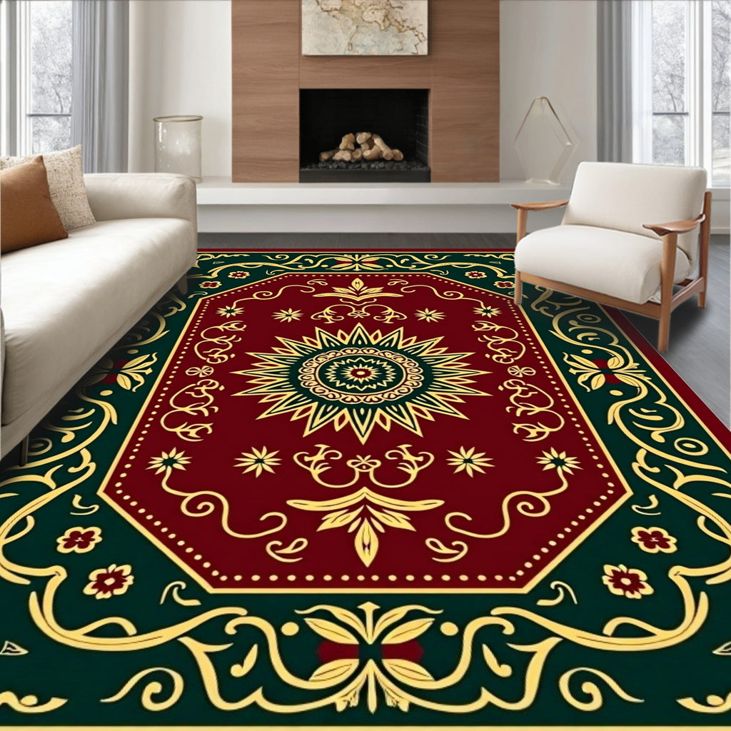 Crimson Gold Octagon Sunburst Border Rug