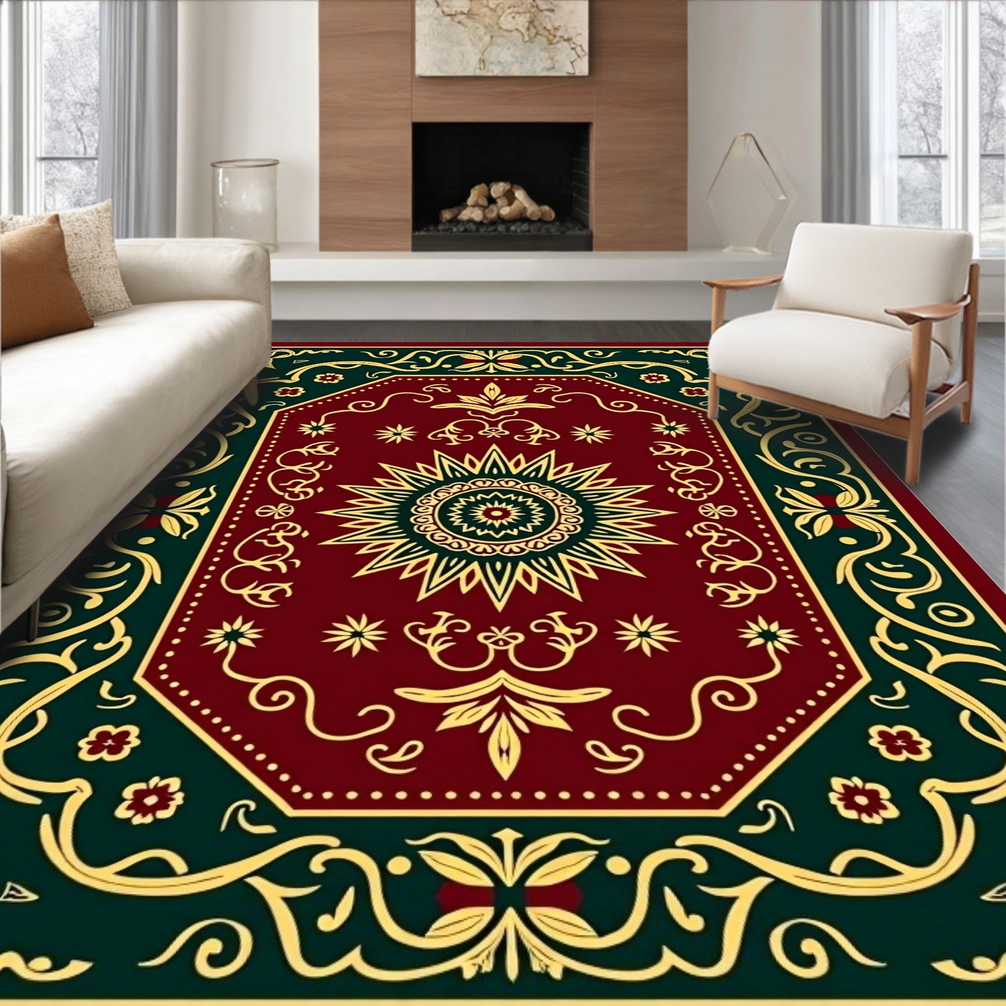 Crimson Gold Octagon Sunburst Border Rug