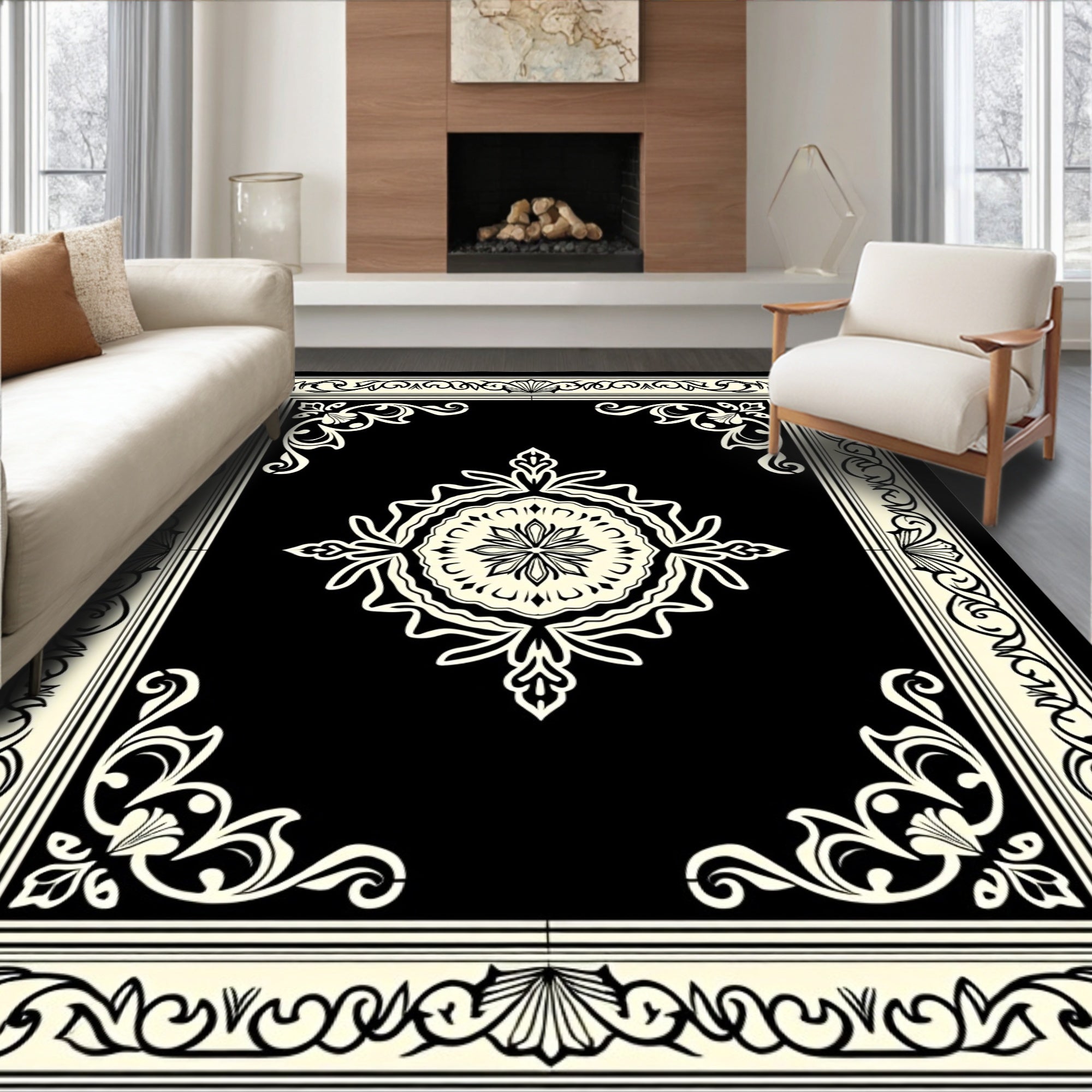 Monochrome Elegant Floral Medallion Border Rug