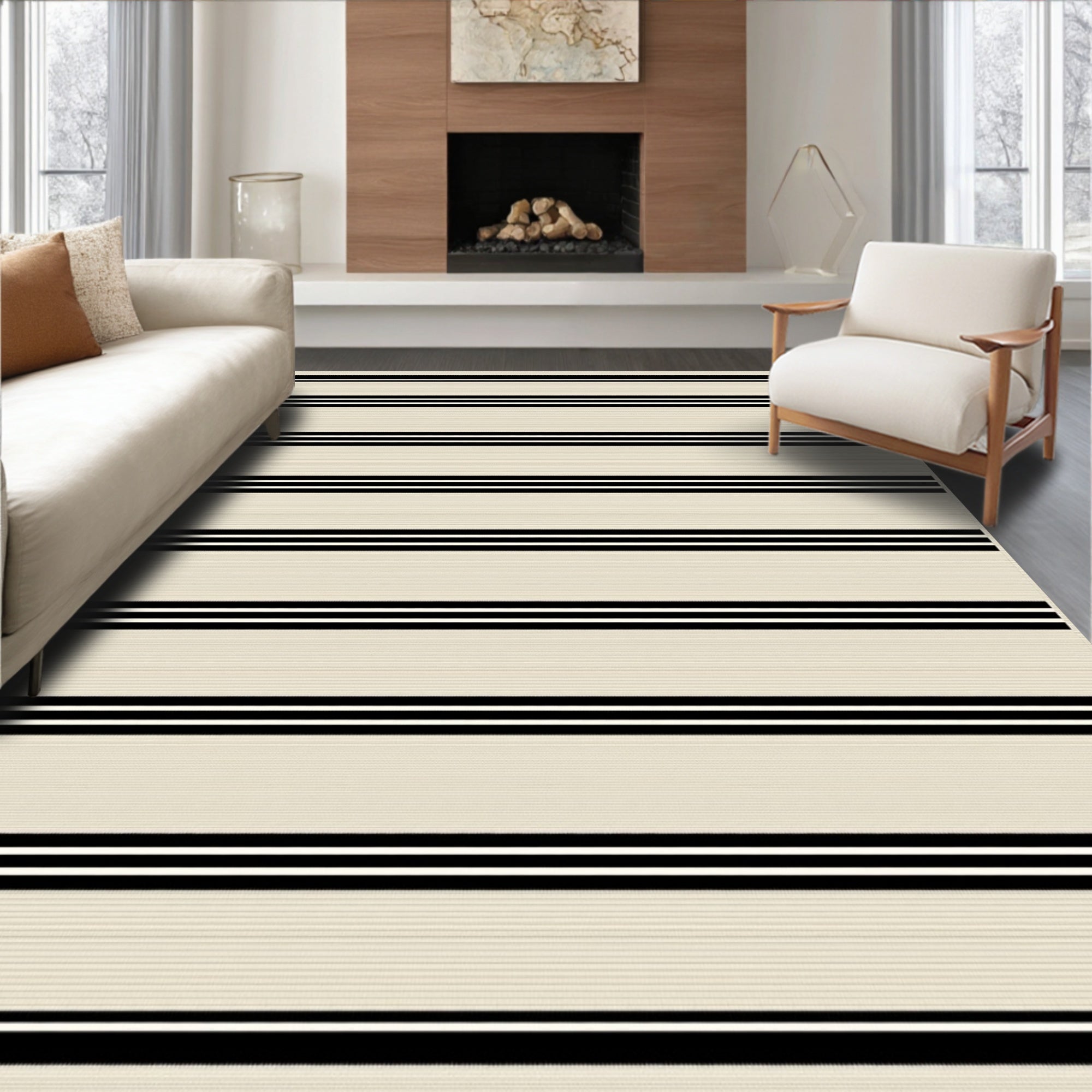 Classic Cream Black Double Stripe Rug