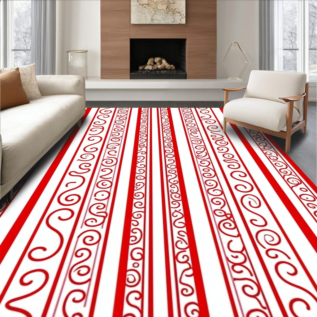 Crimson Red Vertical Swirl Border Rug