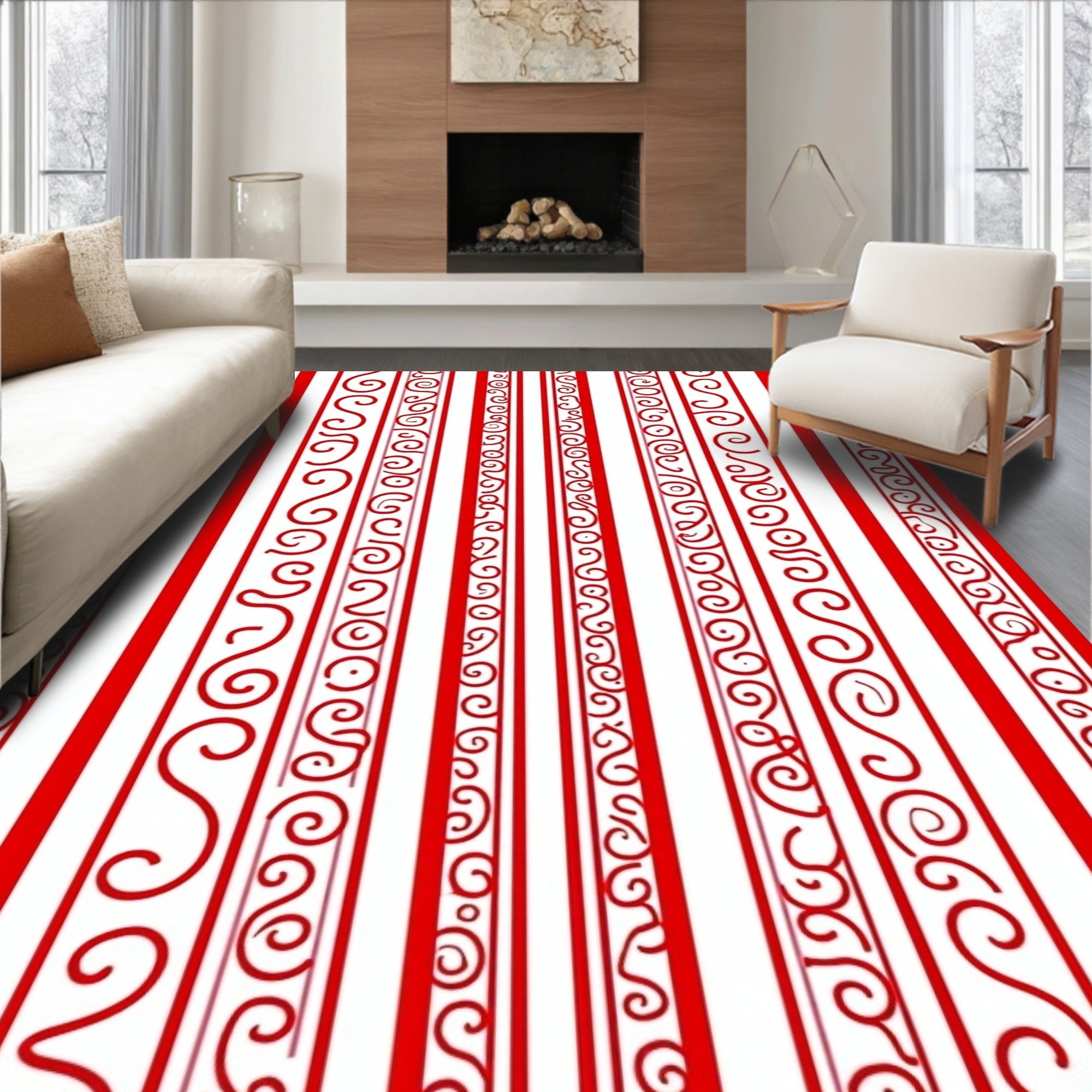 Crimson Red Vertical Swirl Border Rug
