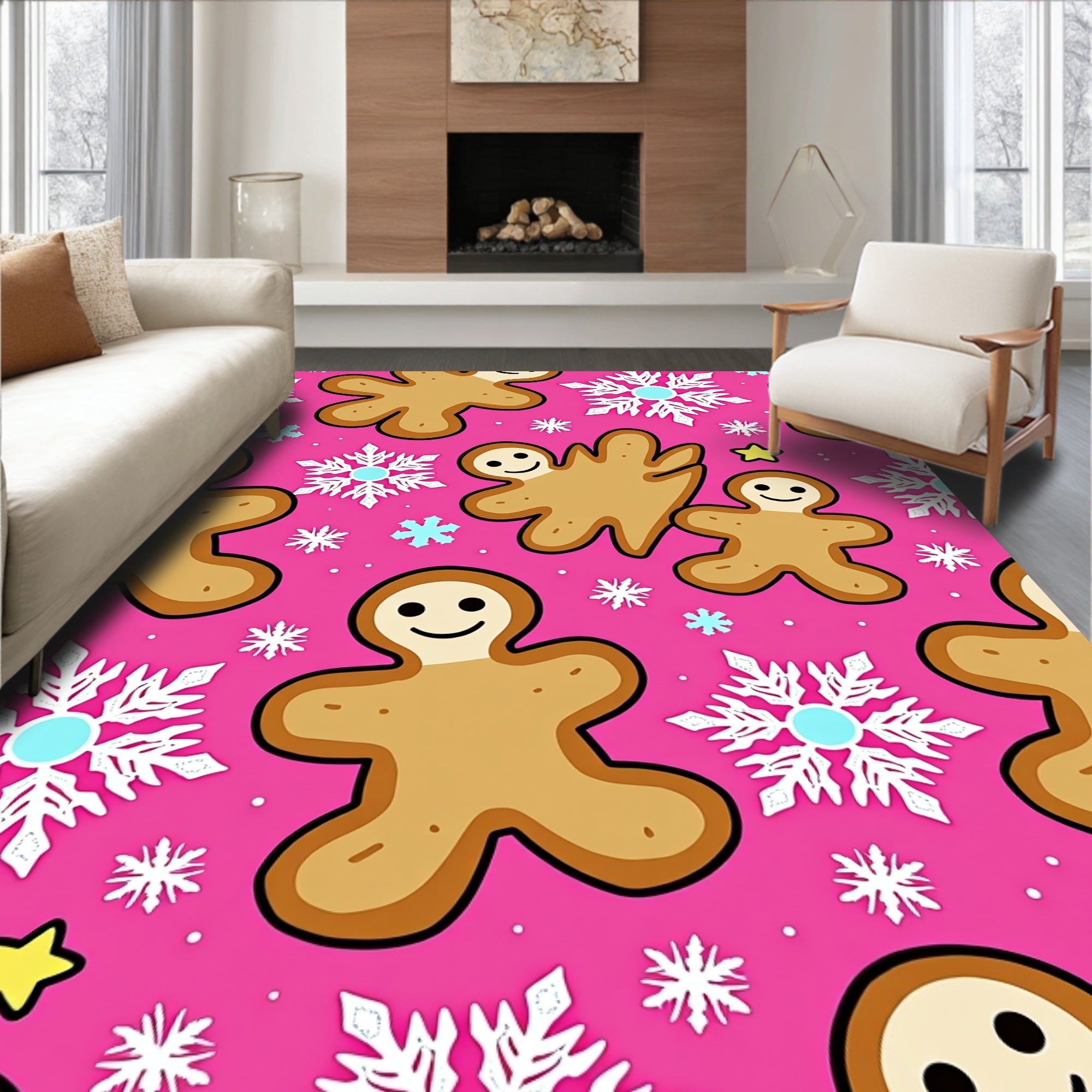 Pink Gingerbread Snowflakes Christmas Rug