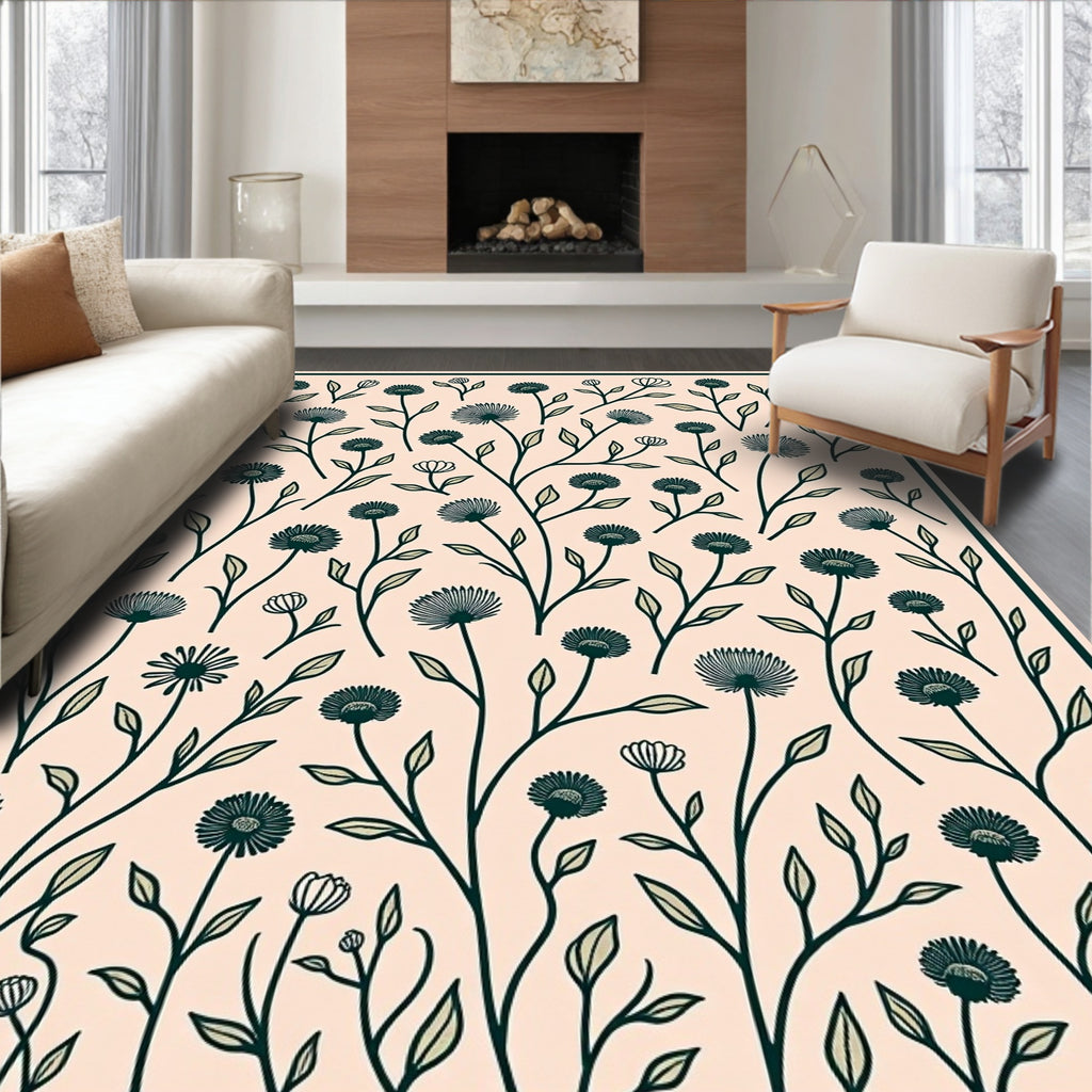 Dark Green Floral Branches On Peach Background Rug