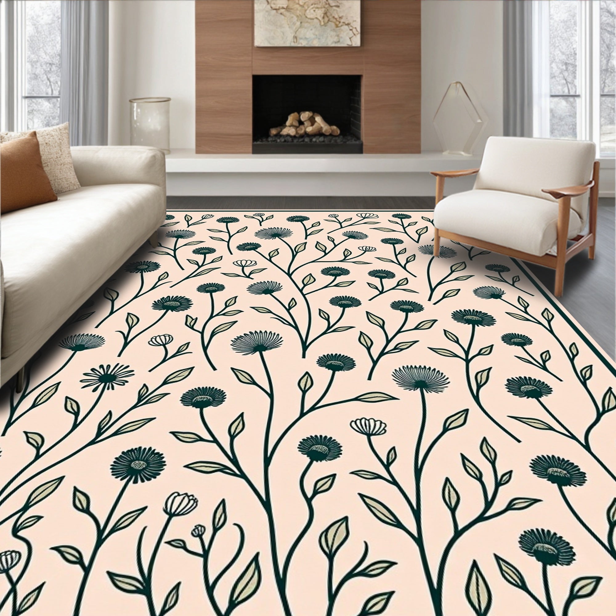 Dark Green Floral Branches On Peach Background Rug