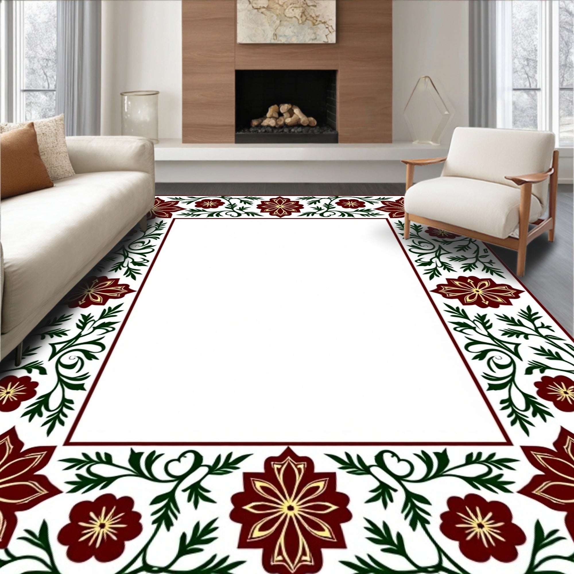 Crimson Golden Floral Vine Border Rug