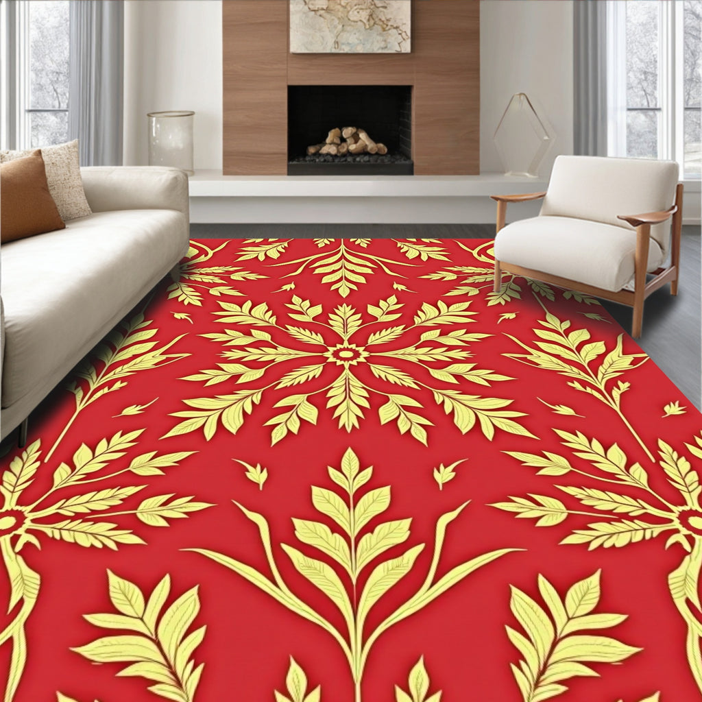 Golden Floral Burst Red Background Rug