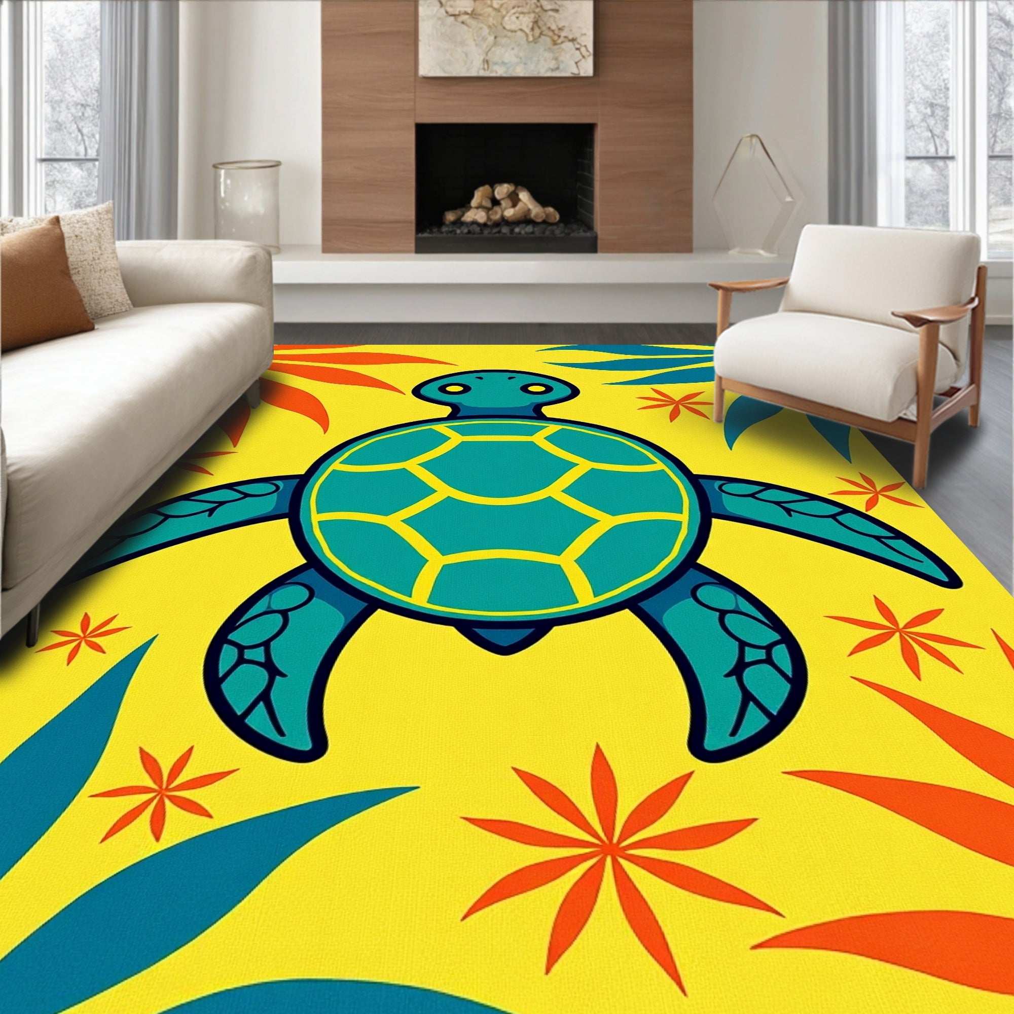 Tropical Teal Turtle Yellow Floral Accent Rug