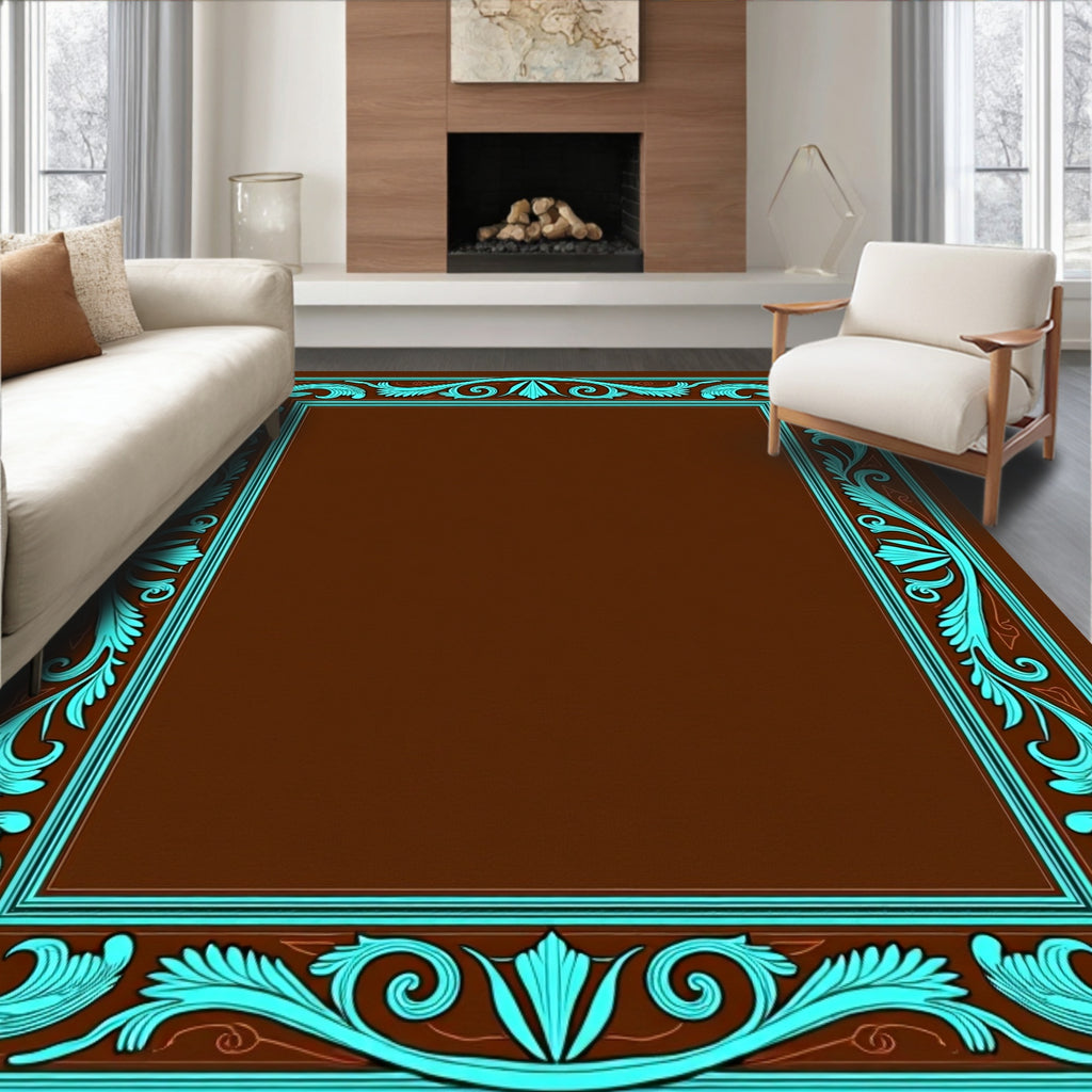 Brown and Teal Scrollwork Border Rug