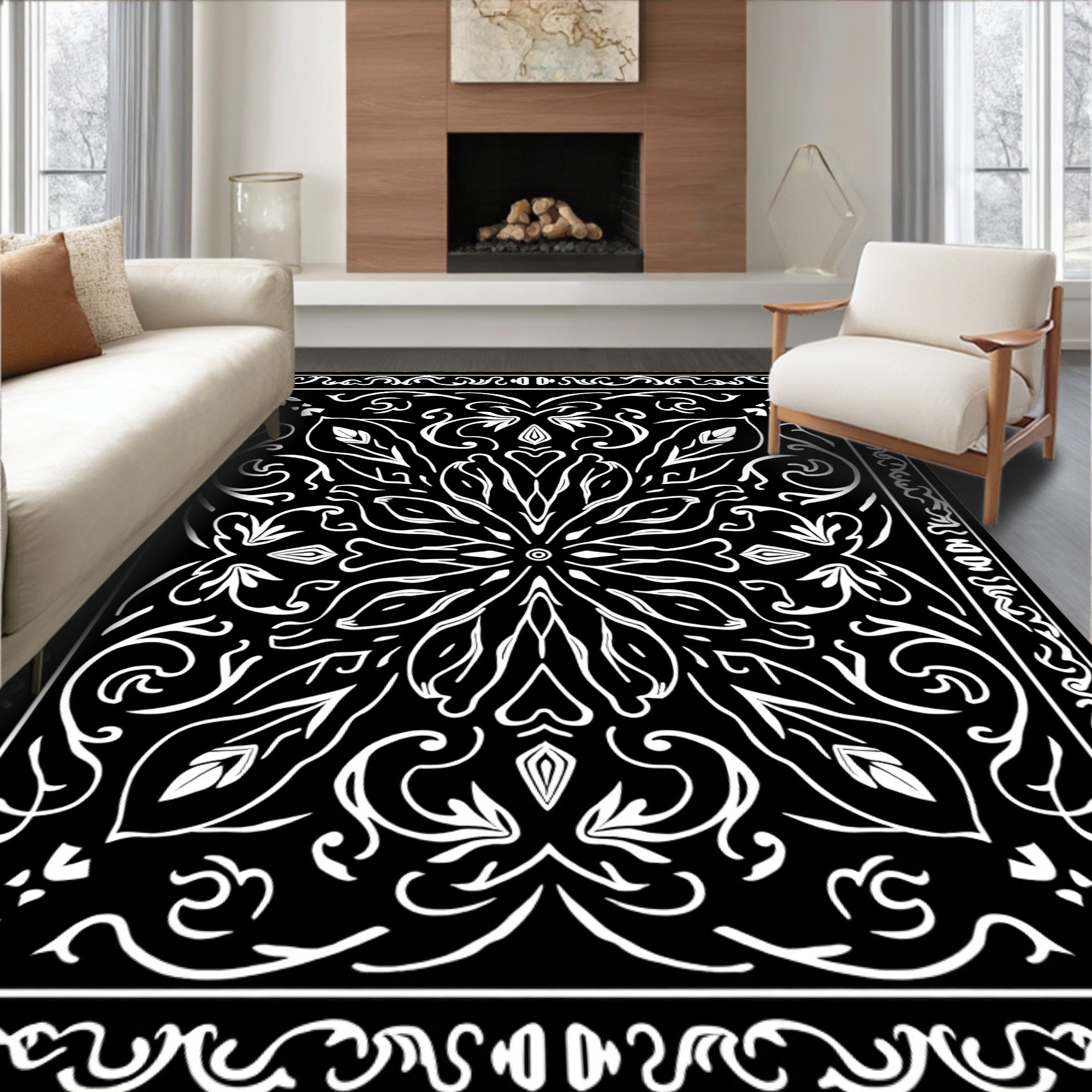 Black White Floral Mandala Symmetry Rug