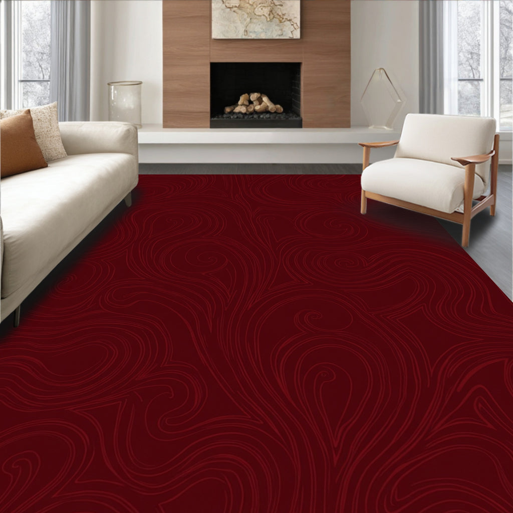 Deep Crimson Swirl Line Art Rug