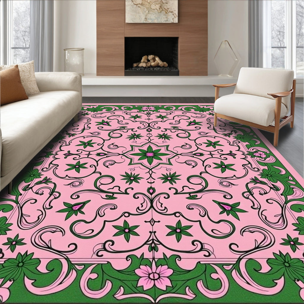 Pink Floral Scrollwork Art Deco Rug
