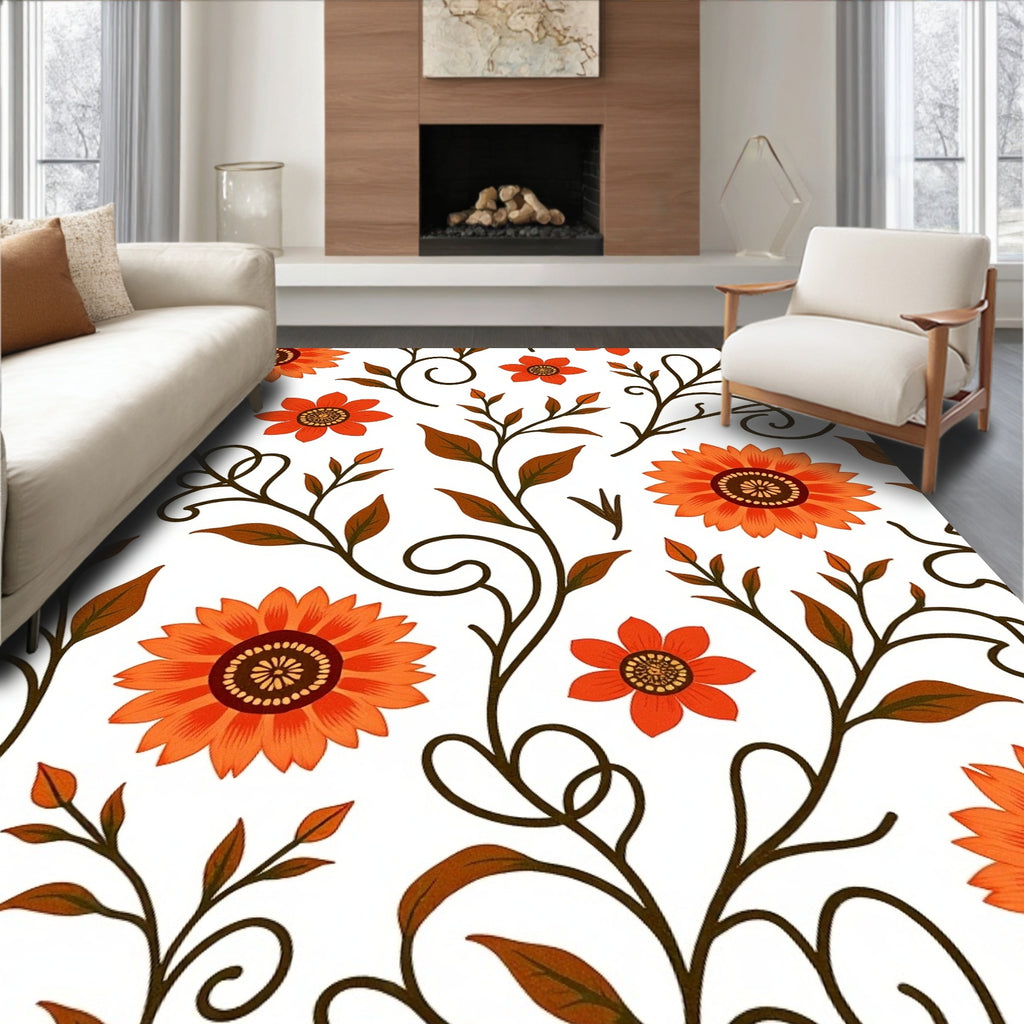 Retro Orange Floral Swirls Rug