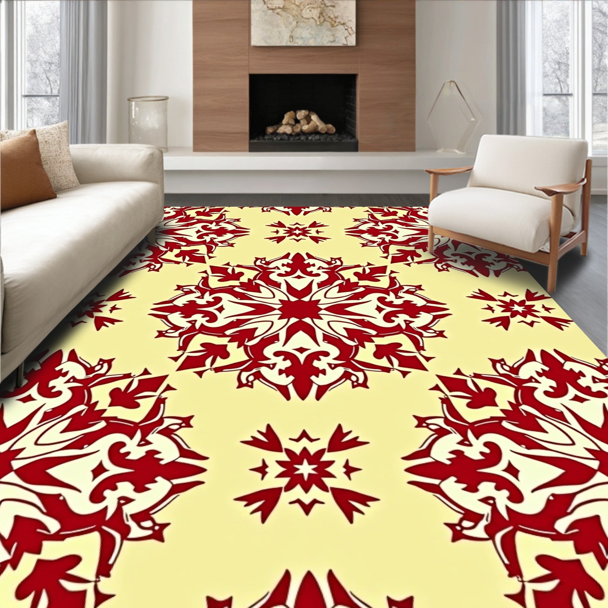 Crimson Mandala Red Floral Arrangement Rug