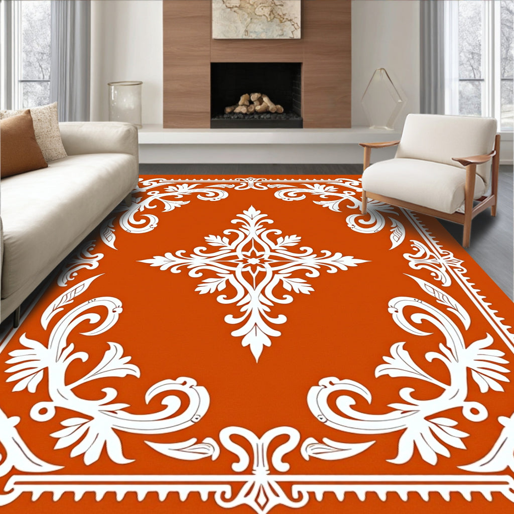 Burnt Orange White Floral Medallion Border Rug