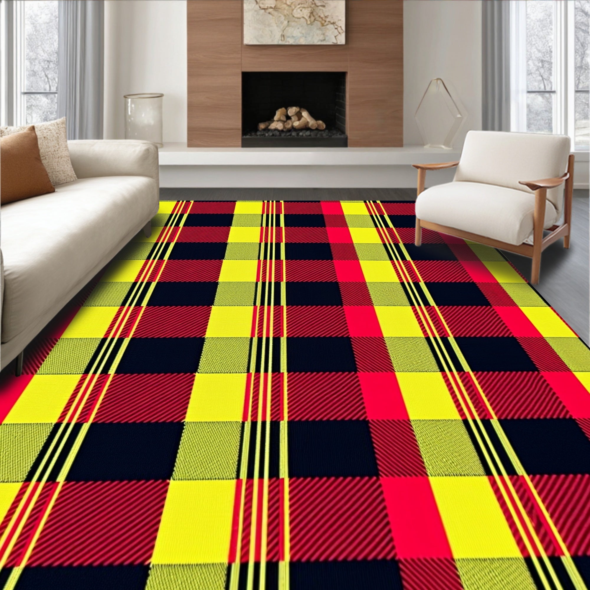 Bold Red Yellow Plaid Squares Rug