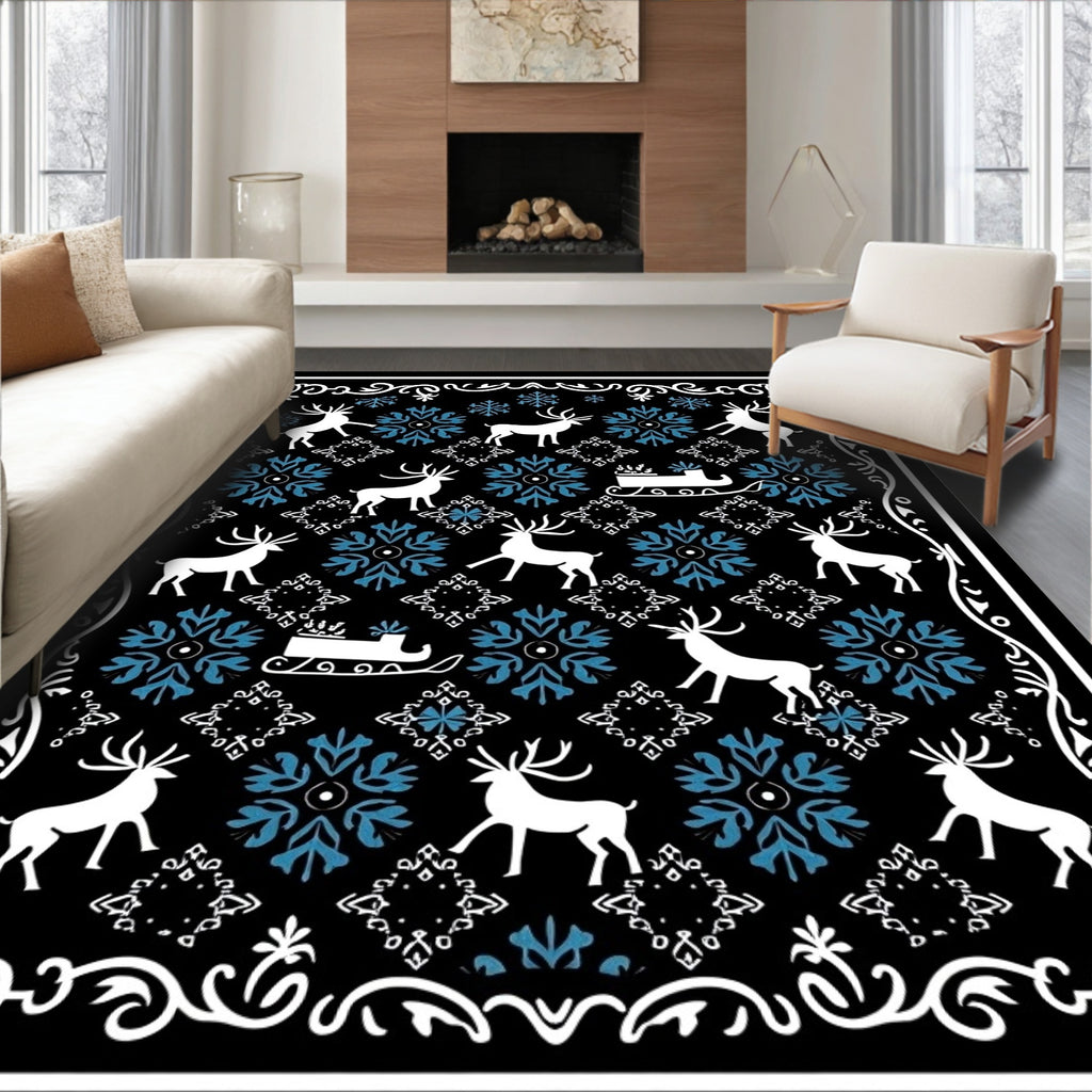 White Reindeer Blue Snowflake Sleigh Black Rug