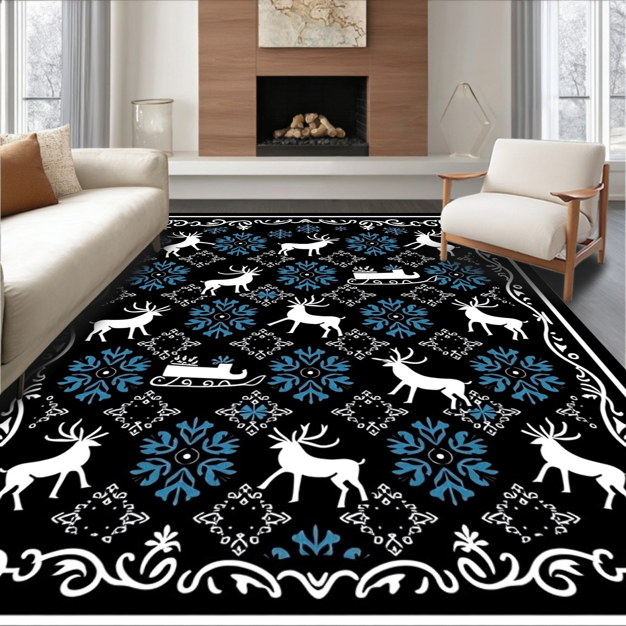 White Reindeer Blue Snowflake Sleigh Black Rug
