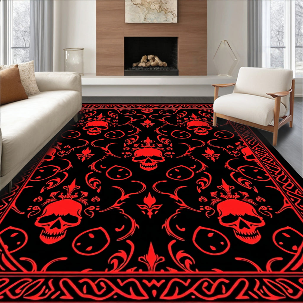 Crimson Skull Floral Damask Border Rug