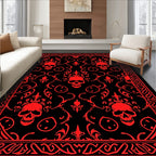 Crimson Skull Floral Damask Border Rug