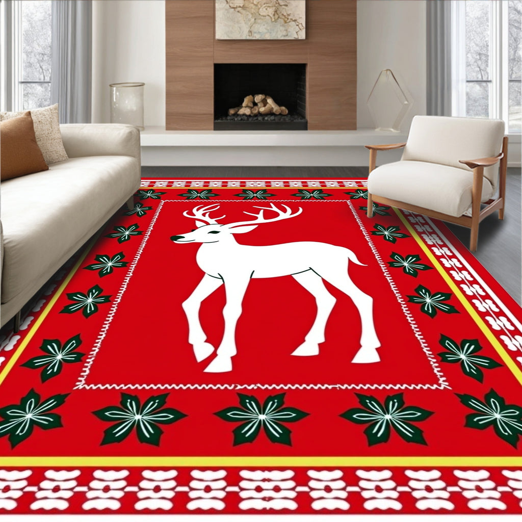 White Deer Red Floral Border Rug