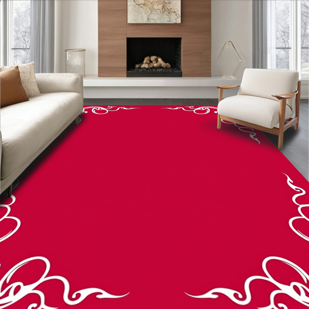 Crimson White Scrollwork Corner Border Rug