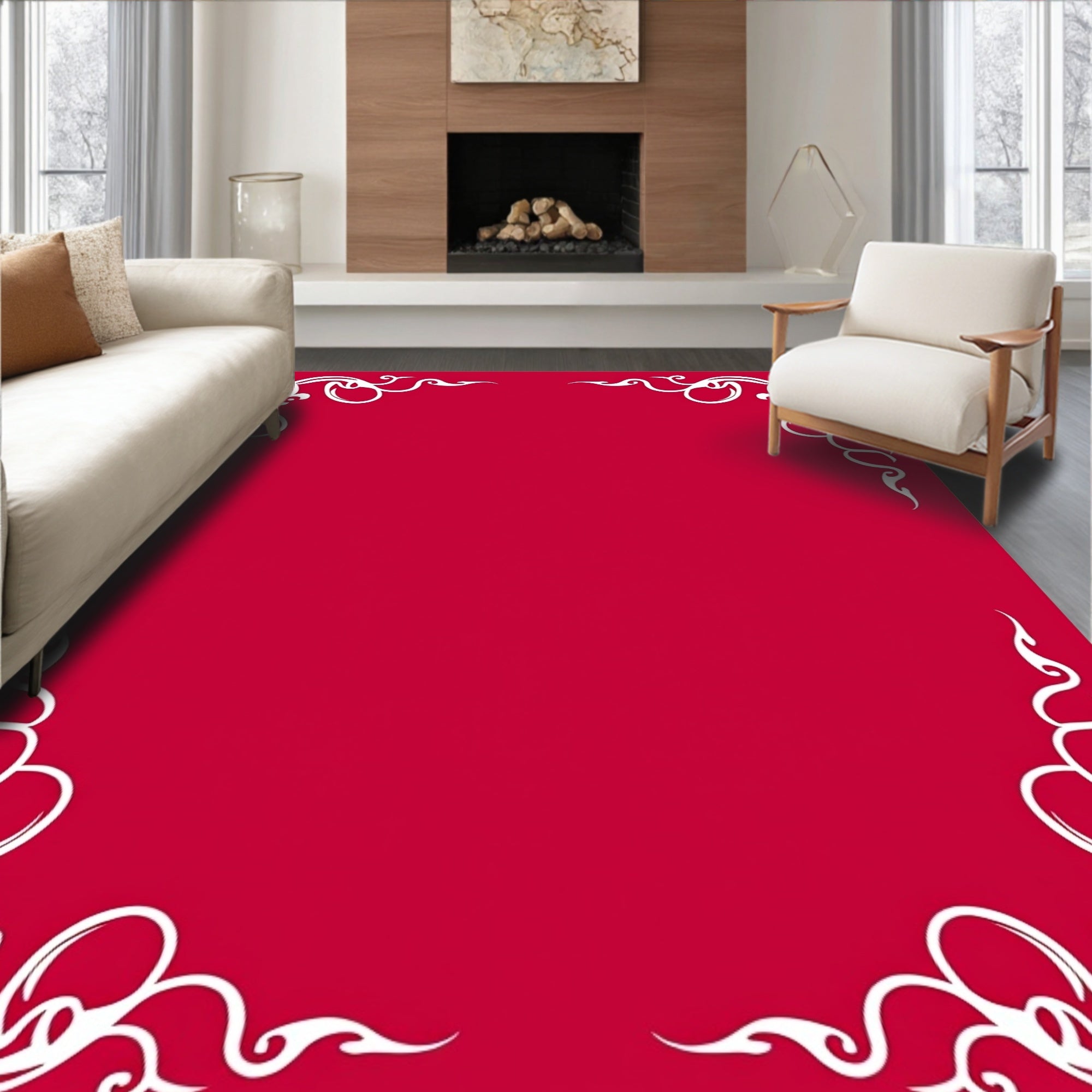 Crimson White Scrollwork Corner Border Rug