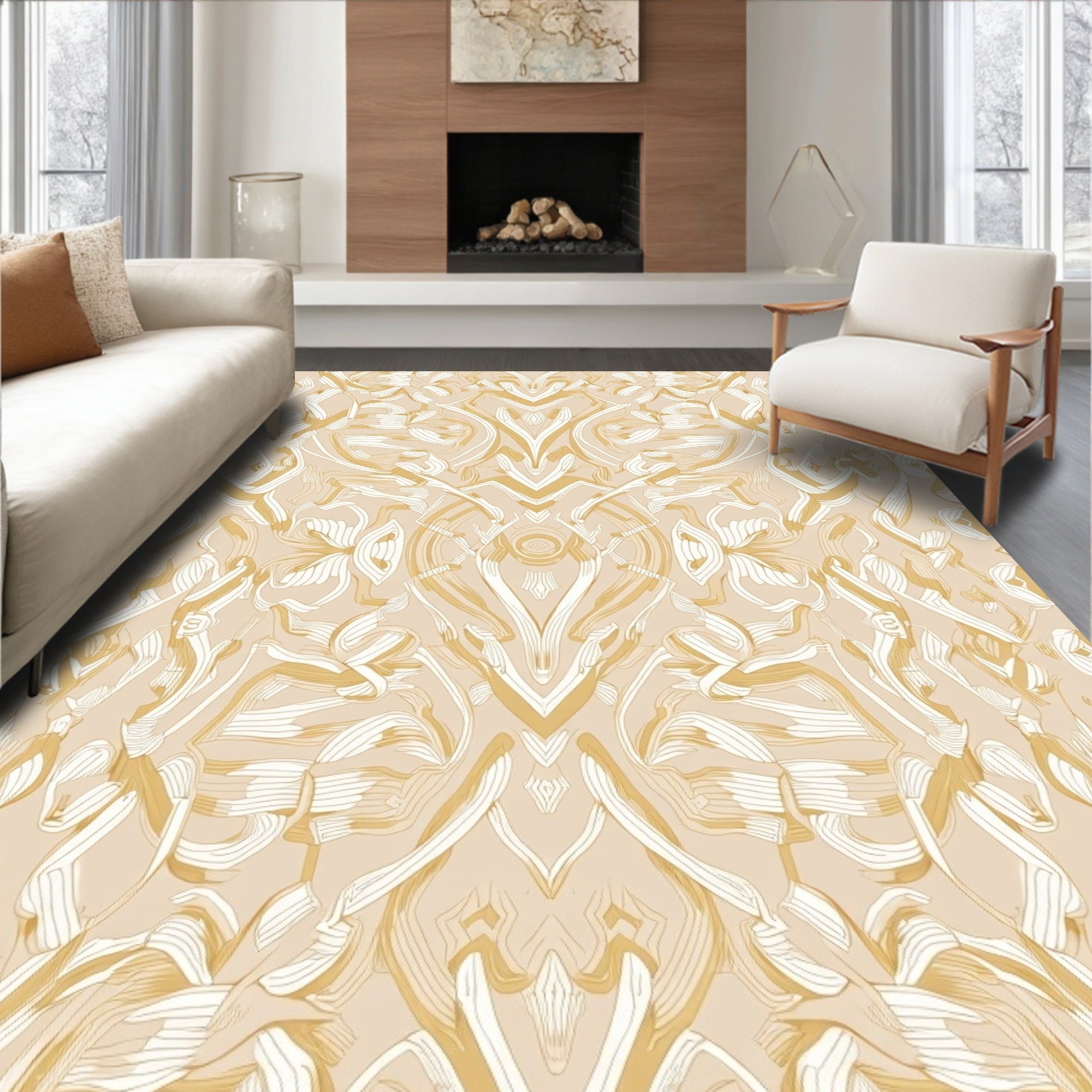 Ornate Caramel Swirls Botanical Abstract Rug