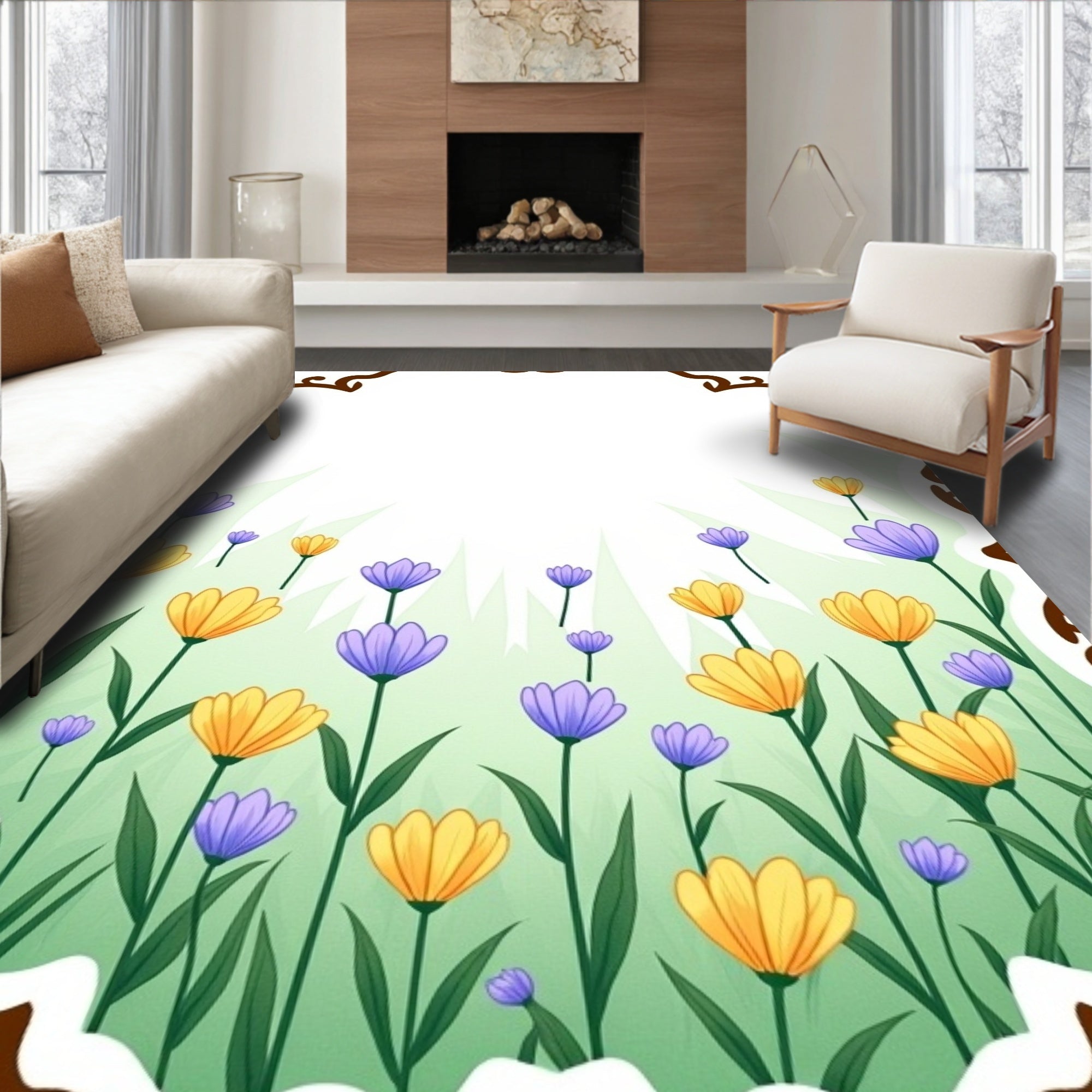 Meadow Blooms with Brown Scroll Border Rug